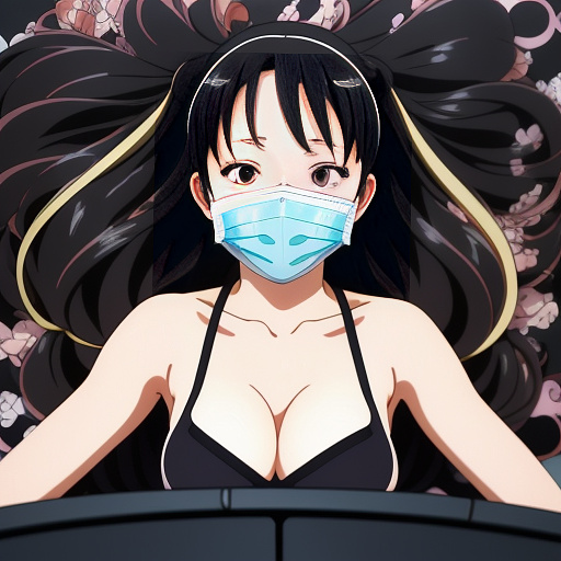 Woman lying on an operating table breathing through a black rubber anesthesia mask in anime style