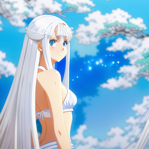 A girl with long white hair and blue eyes.  wearing a set of white swimsuits. underwear taken off in anime style
