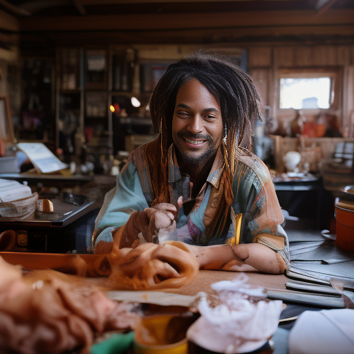 A black rastafarian is sitting on a worktable, smiling happily and smoking. the room is smoky. in custom style