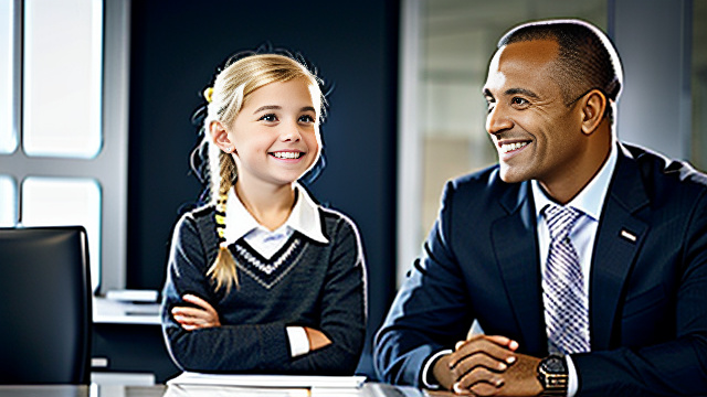 White, blonde, smiling, girl 7 years old  looking at 35yr-business-man, show both people fully in picture, in custom style