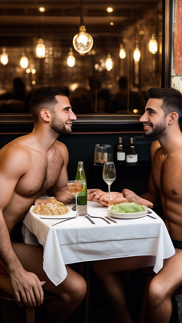 2 naked gays in italian restaurant.  in custom style