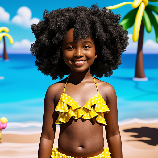 12 year old black girl wearing a gold yellow shiny bikini, curly black hair, full body, beach background in kids painted style