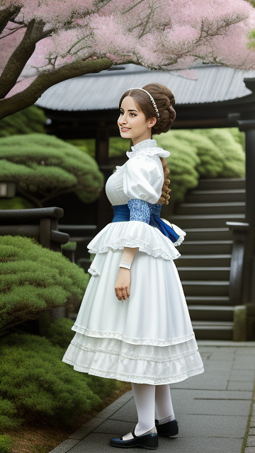 A very beautiful young french maid in old style maid's outfit.she is light-skinned and has long brown hair.on her head is a white lace cornet with ribbons wearing a vintage-style maid outfit,deep-blue full skirt with frilled white ruffles,deep-blue bodice.the apron with white frills and lace.light-brown hair in a classic updo.she smiles softly,looking directly at the viewer.her body is in a light squat position, as if she is curtsiing, her hands just below waist level, gracefully holding her skirt and apron.detailed ruffles and lace accents on the long apron.the composition is focused on showcasing the details of the costume.the perspective is slightly above, emphasizing the length of the dress and the details of the layered skirts.shallow depth of field,focusing on the subject and emphasizing the outfit's details.victorian-era aesthetic,vintage fashion style.natural light,soft shadows. in anime style