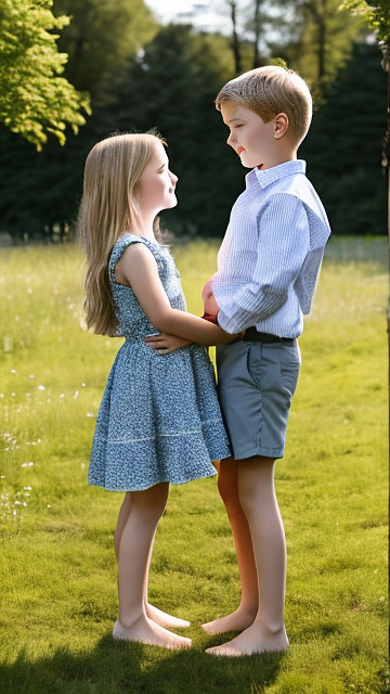A romantic moment between swedish childhood couple. the grade-4 boy is groping the hips of grade-4 girl. side view. in custom style