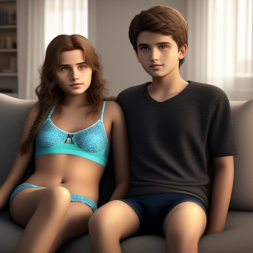Ultra realistic a cute 14 year old german girl and her 20 year old brother are sitting on the sofa in the living room in their underwear in custom style