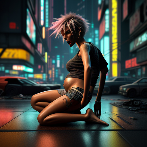 Girl giving birth. legs spread out. pregnant bump. screaming. short tomboy hairstyle. in cyberpunk style