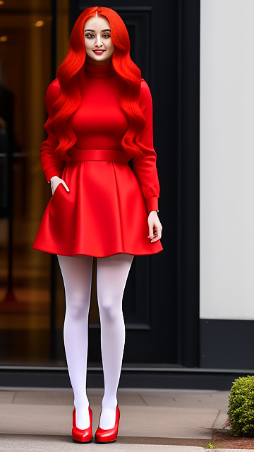 Sophie turner, wearing a red bouffant dress, white pantyhose, red loafers. in custom style