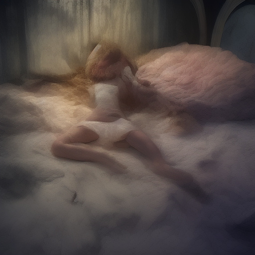 A 13-year-old girl lies on a bed in a dark room and cries. the room is dark, smoky and a mess, the bed is broken. there is an ashtray with an outstanding cigarette on the table. in custom style