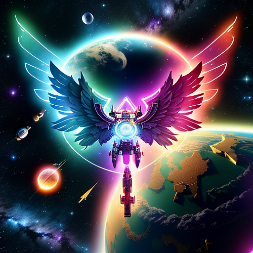 A cheerful transformer flies through space against the backdrop of planets. in angelcore style