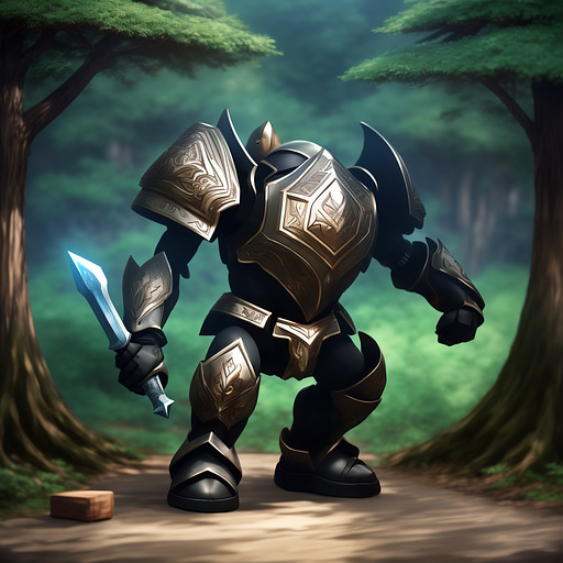 A sentient clay small and thin golem uses wood as an rough armor. the golem doesn't need to see so the armor covers it's entire body.
 it wields a wooden sword. in anime style