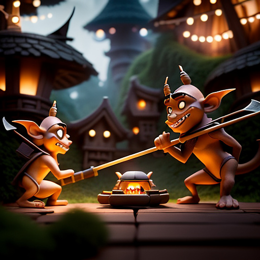 Goblins firing a catapult in disney 3d style
