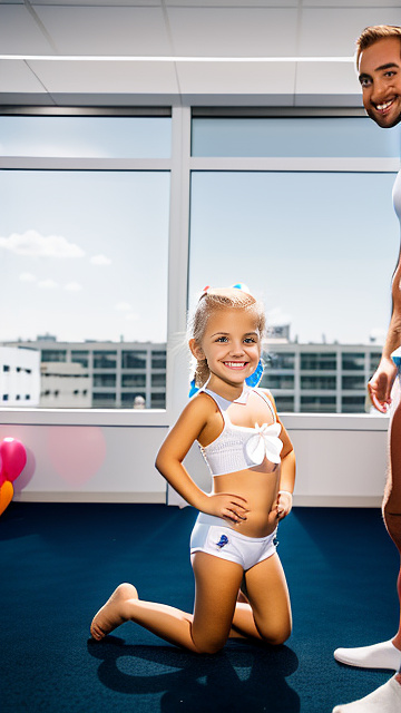 White cute smiling white 6 year blonde girl on knees,  next to blond 30-year-old-business man standing behind her, both people shown in picture, girl has a body of a 6 year old and man has the body of a 30 year old, girl is on her knees, slutty underwear, in custom style