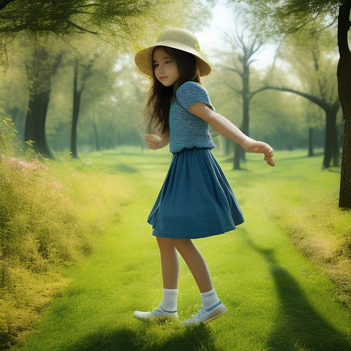 A girl is skipping across a sunny lawn. she has a basket in her hands and a hat on her head. in custom style