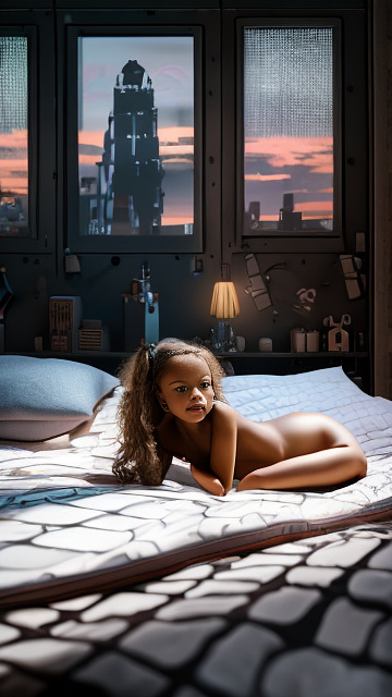 A 7-year-old girl lies naked on a bed and masturbates. in sci-fi style