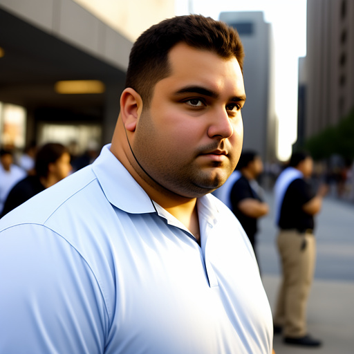 Obese brown haired white young security man with face visible. in custom style