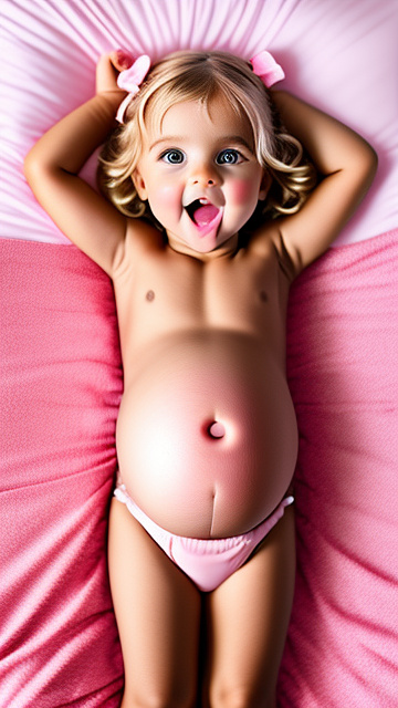Realistic, detailed, 5-year-old blonde girl, pregnant, pink wedding outfit, showing belly, laying in bed, top down full body view, red blush, black skin, mouth open,  in custom style