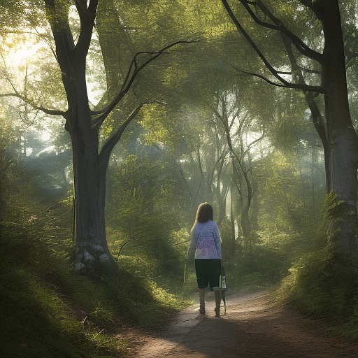 A 9-year-old girl is walking along a forest path. it's evening. she has a basket in her hand. view from behind. in custom style