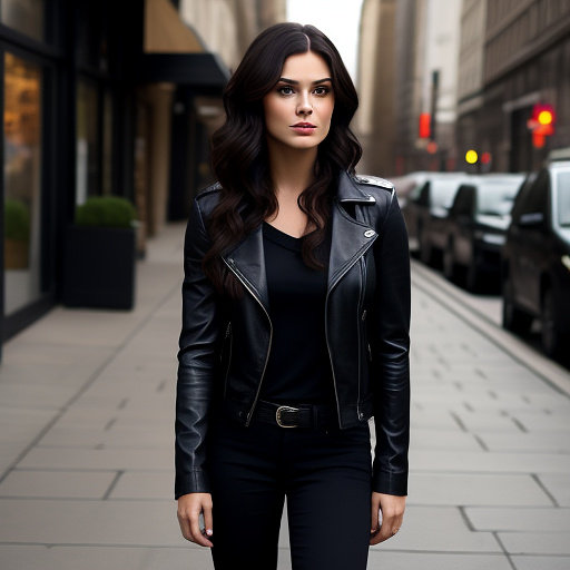 A brunette woman in her 20s in the style of the supernatural tv series. her signature looks are black boots, dark leather jacket, dark flannel shirts and dark blue jeans. in custom style