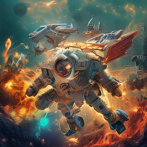 A cheerful transformer flies through space against the backdrop of planets. in disney painted style
