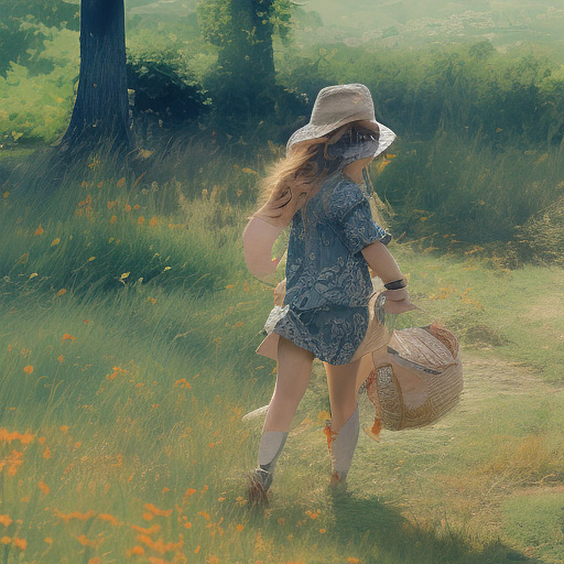 A girl is skipping across a sunny lawn. she has a basket in her hands and a hat on her head. in custom style