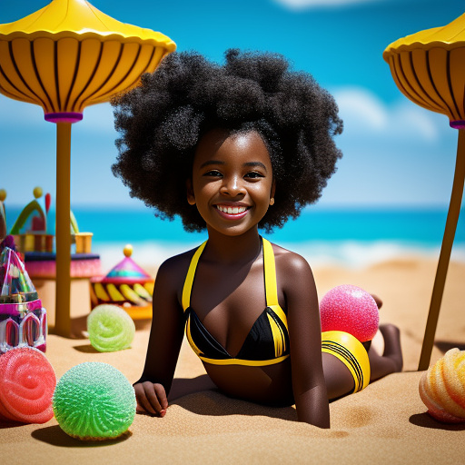12 year old black girl wearing a gold yellow shiny bikini, curly black hair, full body, beach background in kids painted style