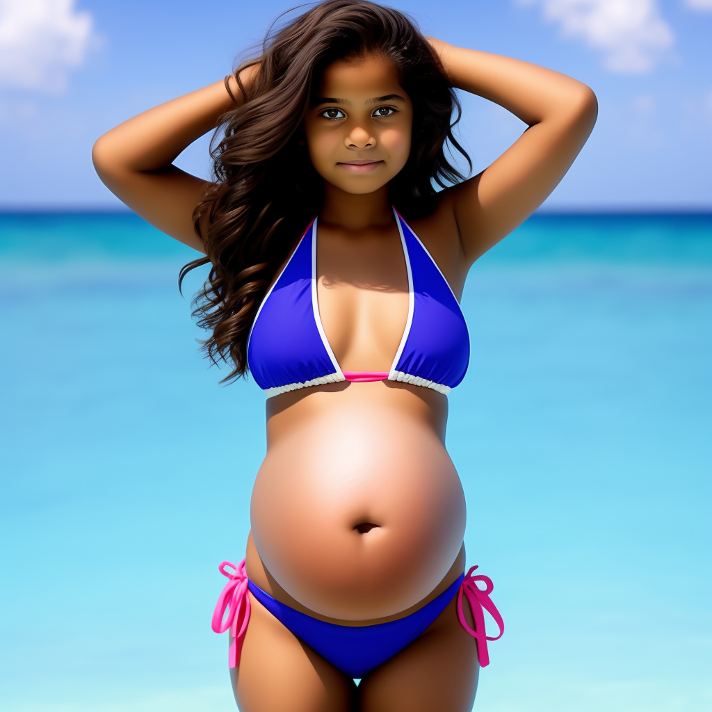 Pregnant 13-year-old girl wearing a bikini while showing her belly to the camera  in custom style