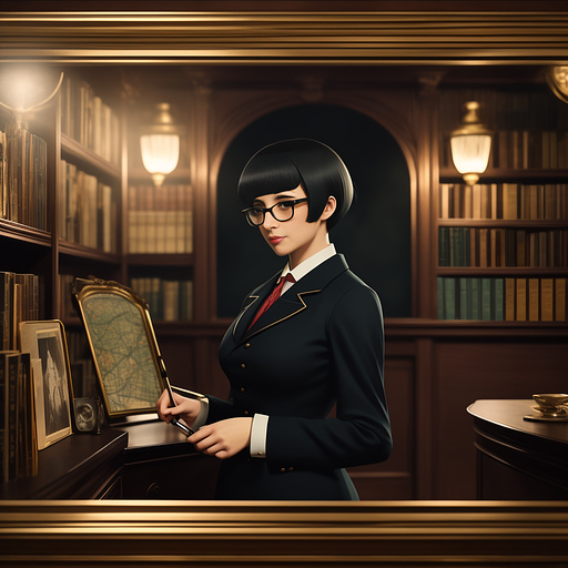 An elegant detective in vintage clothing, with short hair and glasses, investigating clues in 19th century paris, illustrated in warm tones in anime style
