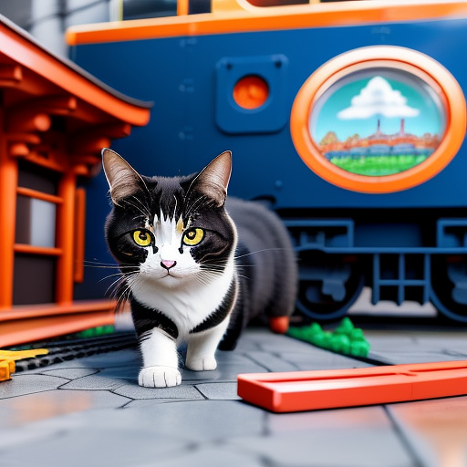 A cat playing with a train toy in anime style
