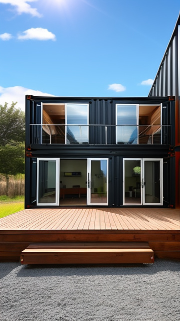 Shipping container house with containers on ballast blocks in custom style