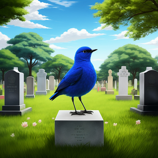 A blue bird on a tombstone in a cemetery in anime style