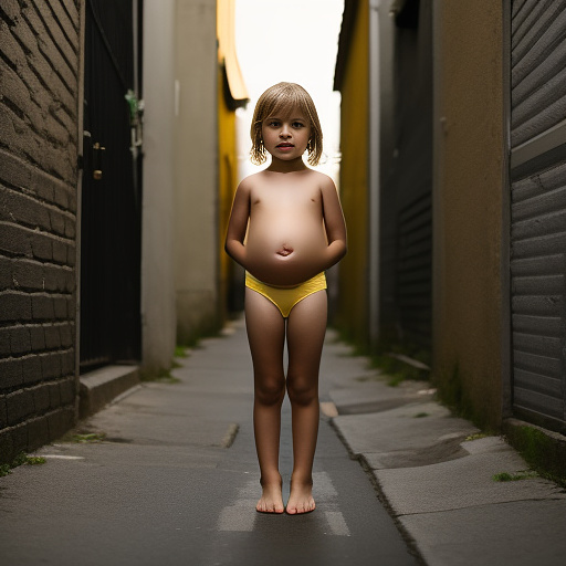 Pregnant, 7-years-old-white-boy, yellow underwear, alleyway, full body, topless, birthing in custom style