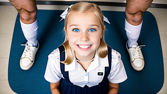 White smiling blonde 7yr school girl, on her knees looking up sideways towards a 30yr man, both people shown  in custom style