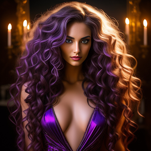 Female, long curly blonde hair, hazbin hotel, queen, purple dress, purple eyes, evil, demon, golden hour, cannibal in sci-fi style