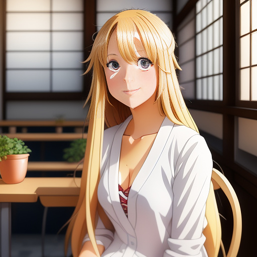 Blonde woman, sitting in anime style