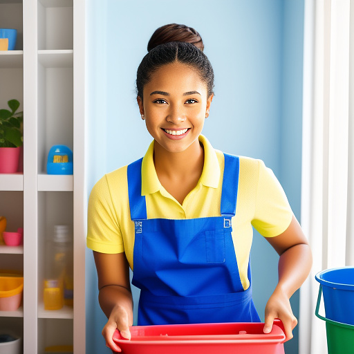 The image features a cheerful person in a vibrant blue uniform, holding a toolbox and in one hand a bucket filled with cleaning supplies. the background should be light-colored and clean. add playful details like colorful spray bottles, sponges, and brushes to emphasize the cleaning  and home servicing theme." in realistic style