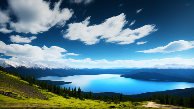 On the mountain overlooking wide lake with a distant mountain range with low level clouds in custom style