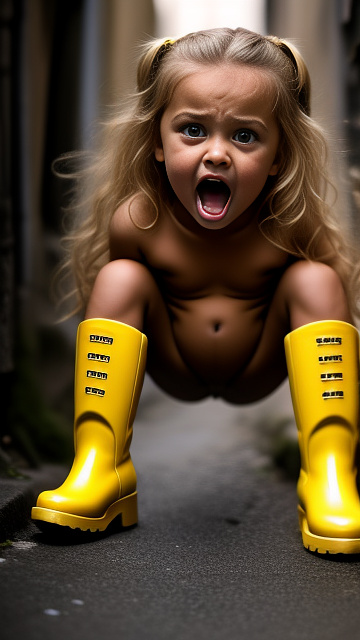 Pregnant, 7-years-old-blonde-girl, topless nude, alleyway, screaming in pain, yellow boots, close up in custom style