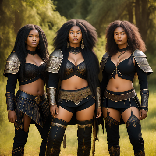 Group portrait of four black viking warrior women  in realistic style