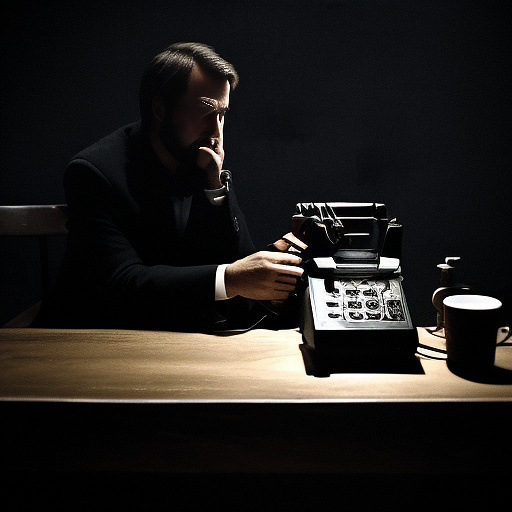 In a dark room, there is a telephone and a gun on the table. a man is sitting on a chair, and he is dead. in custom style