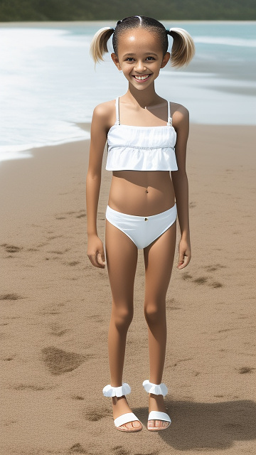 Realistic, highly detailed , 5-year-old , smile , white bikini, sticking out bottom, pigtails, slim legs, reed legs, very anorexic pussy, very anorexic legs, very wide crotch, jenna ortega, centre, short hair in custom style