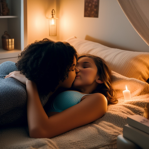A romantic moment between a childhood couple in a cozy bedroom. the grade-5 sexy hot girl, wearing a light, stylish bras and yoga pants, shares a gentle kiss with the grade-5 boy. the couple is in a loving embrace, surrounded by a comfortable and intimate atmosphere. the scene feels tender and affectionate, capturing the essence of love. in custom style