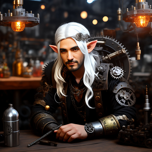 An elf wizard blacksmith with white hair, a tiny robot helper and alcoholism  in steampunk style