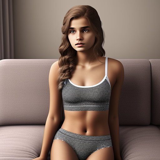 Ultra realistic a 16 year old girl sits on the sofa in the living room in cute underwear in custom style