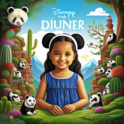 "create a book cover for tubs the panda and amelia’s big adventure, for ages 3-6. amelia, a 5-year-old girl with bright eyes, a big smile, short brown hair, a blue dress, and red shoes, stands left, holding hands with tubs, a chubby black-and-white panda with big eyes and floppy ears, on the right. they’re on green grass. amelia wears a glowing red magic backpack with sparkles. the background has a green jungle with vines and flowers (left), a golden desert with sand dunes and cacti (right), and a snowy mountain with snowflakes (top). title 'tubs the panda and amelia’s big adventure' in bold yellow font with black outline at top; 'by luke drummond in small white font at bottom. use a simple, cartoon style with bold outlines, vibrant colors, and a cheerful mood. optionally, add a monkey in the jungle, a lizard in the desert, and a penguin on the mountain." in disney painted style