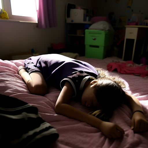 A 13-year-old girl is lying on a bed and crying. the room is dark and messy, the bed is broken. in custom style