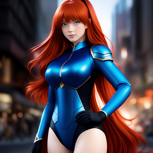 Redheaded super heroine with blue eyes in anime style