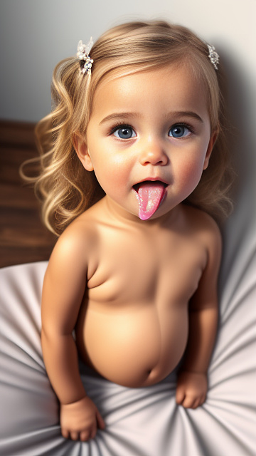 Realistic, detailed, 4-year-old blonde girl, pregnant, tan wedding outfit, showing belly, laying in bed, top down full body view, red blush, tan skin, mouth open, milk in mouth  in disney painted style