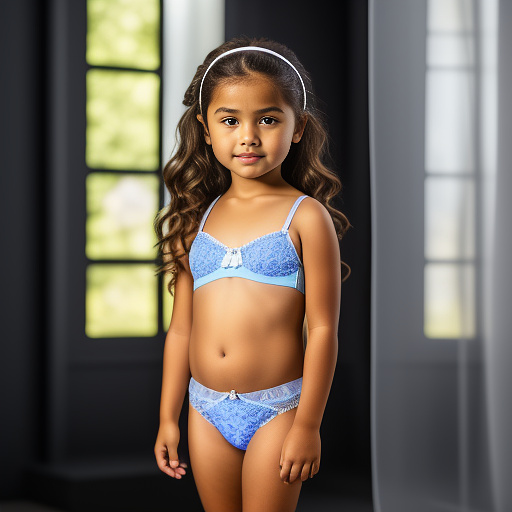  full body image of 6 year old girl in  lingerie wearing bra and panties. panties should also have a camel toe in realistic style