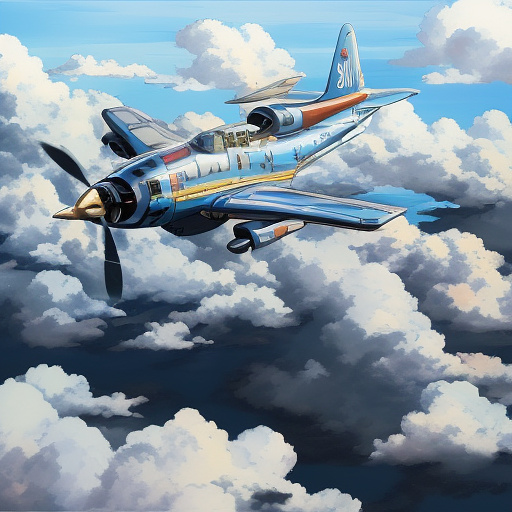 An airplane is flying. people in anime style