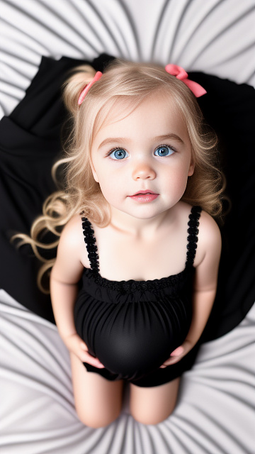 Realistic, detailed, 4-year-old blonde girl, in black dress, pregnant, laying in bed, top down full body view, red blush, right hand on belly, pink eyes, black lip  in custom style